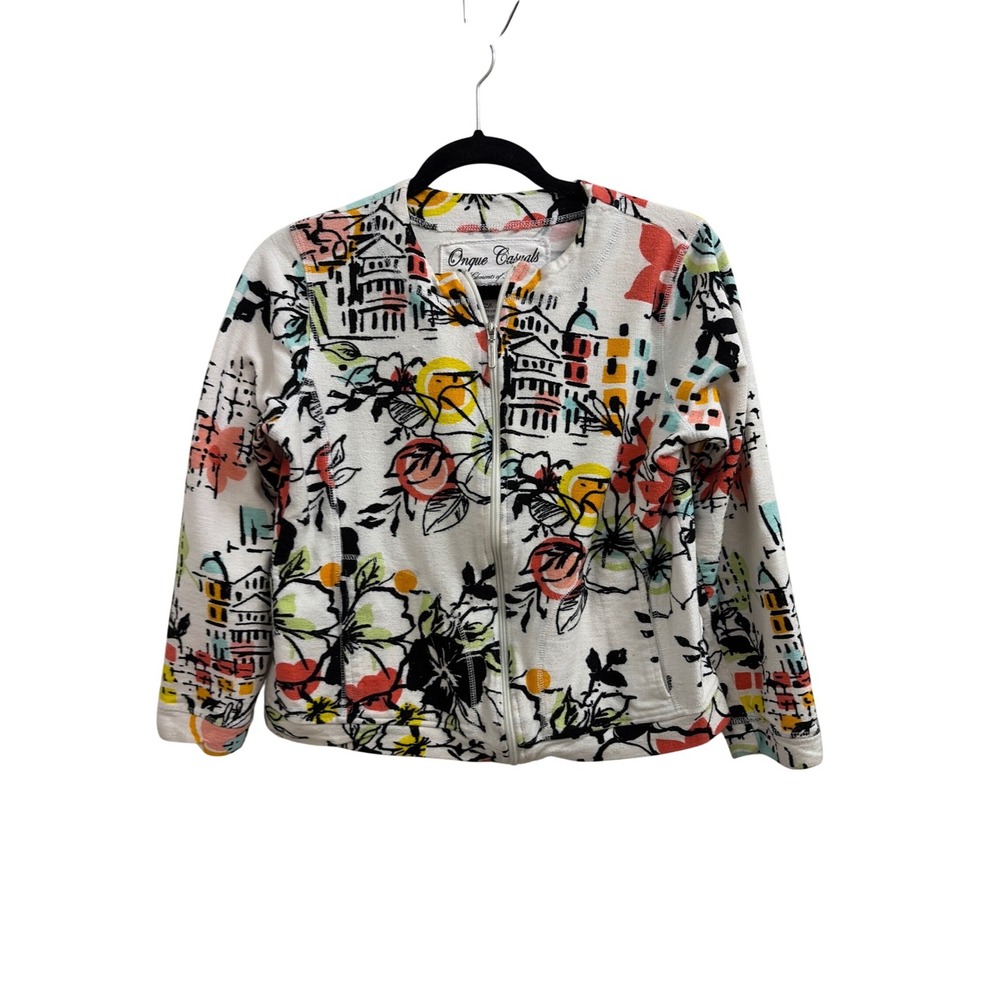 Onque Casuals Vintage Art to Wear Terry Cloth Zip Up Jacket Floral Print Small